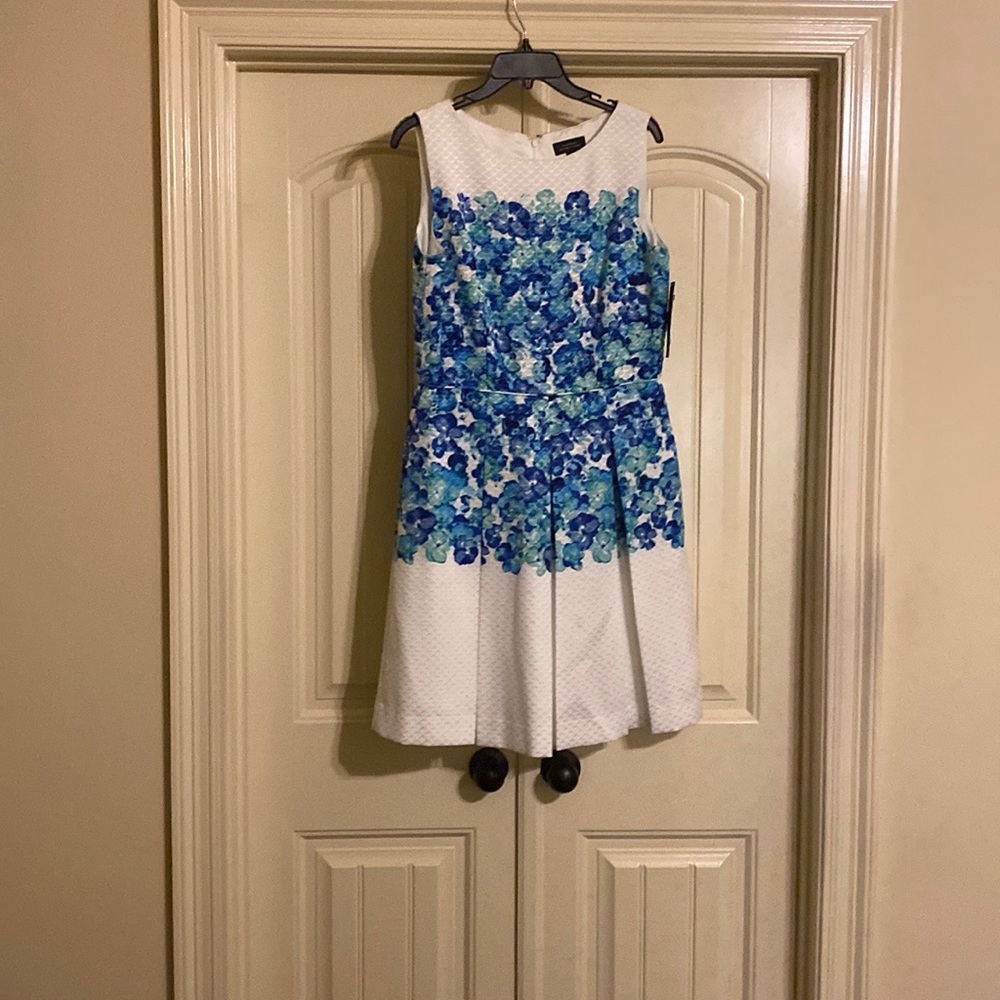 White, blue, and green sleeveless Tahari dress
